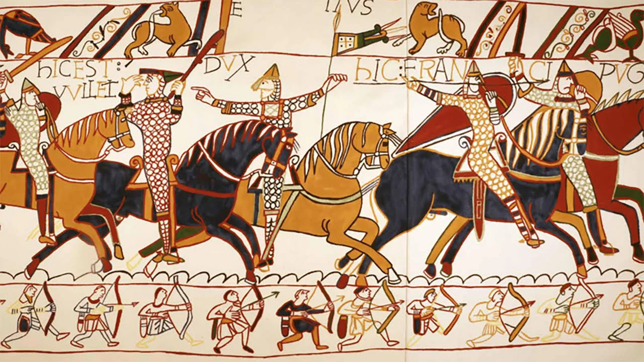 Bayeux Tapestry at the British Museum showing medieval cavalry and archers during the Norman Conquest embroidery exhibition