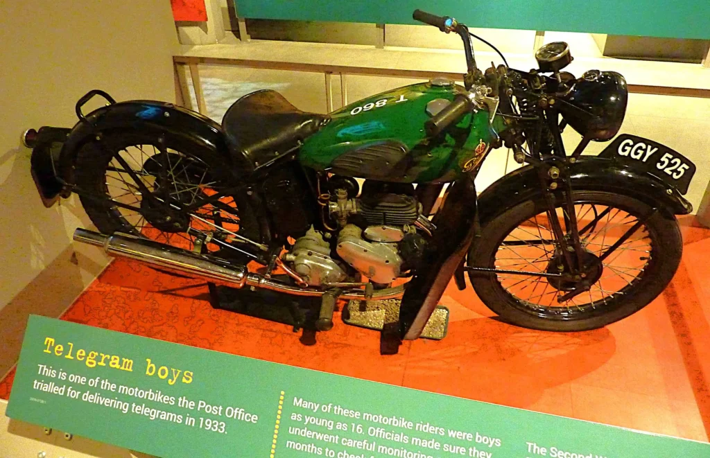A 1933 Post Office telegram delivery motorbike on display at the Postal Museum, London. [Image Credit | Mike Pickup]