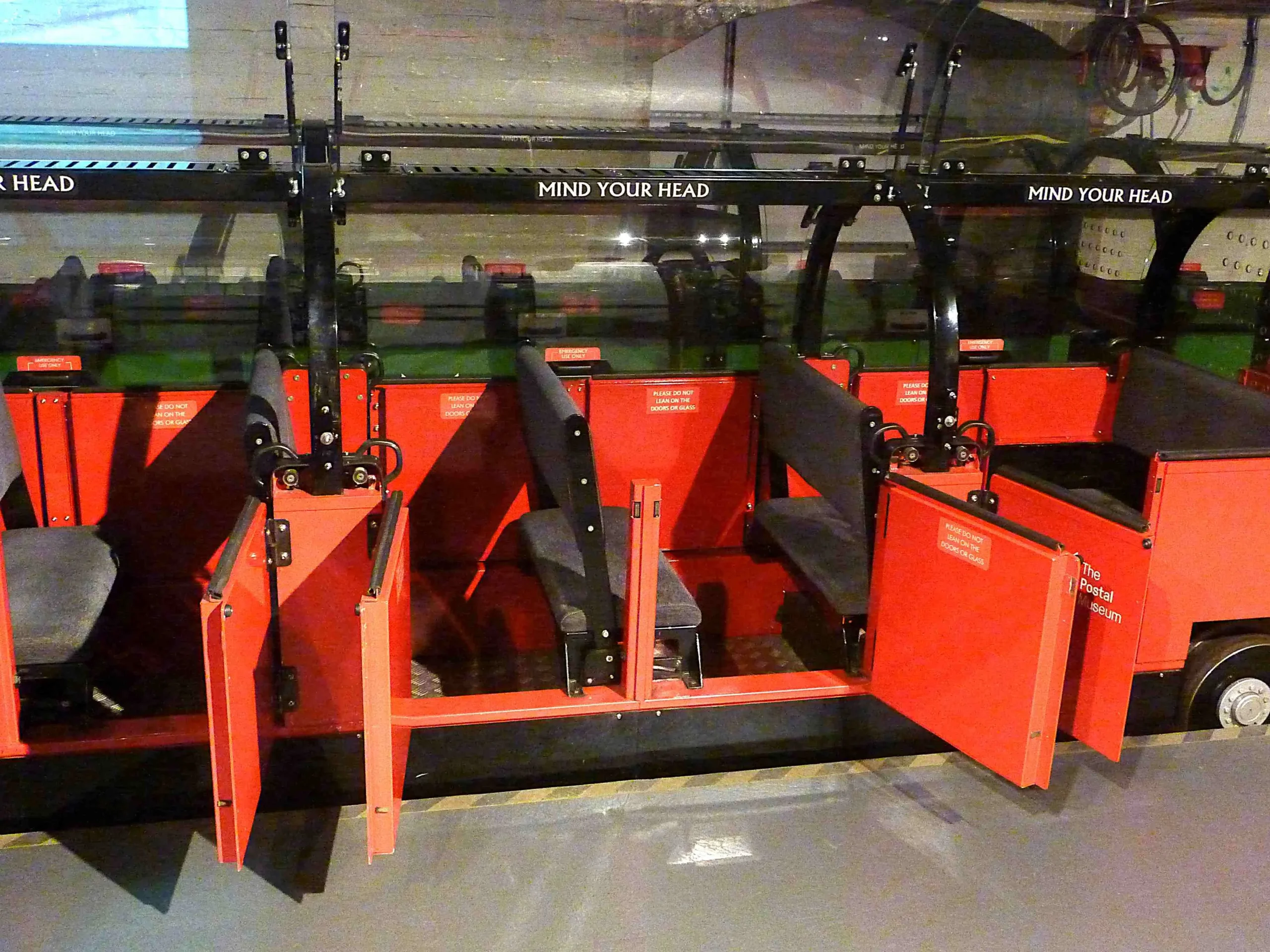 Passenger seating inside the Mail Rail carriages at the Postal Museum London