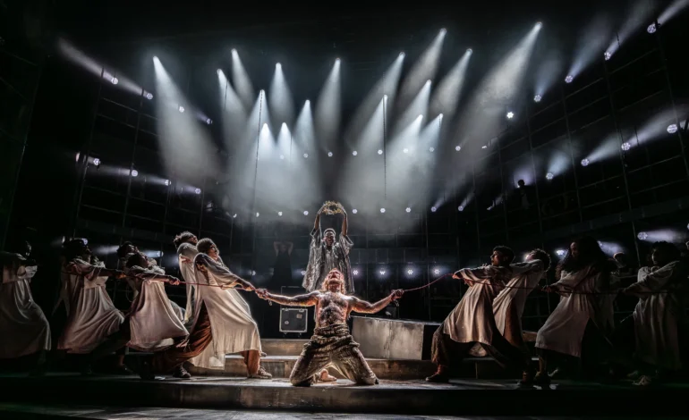 Jesus Christ Superstar Palladium crucifixion scene with ensemble and crown of thorns