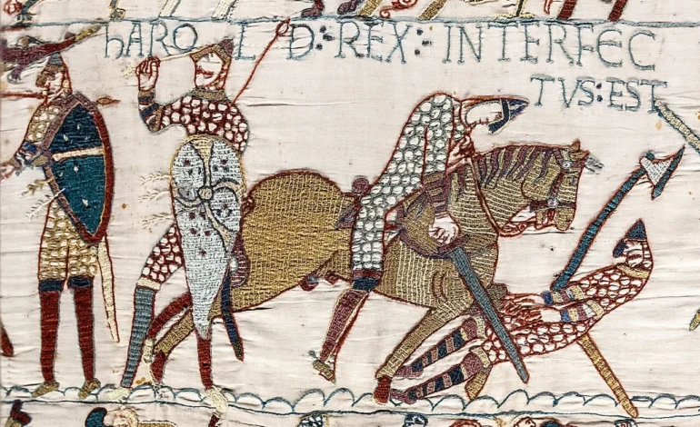 Bayeux Tapestry scene of harolds death complicated by conquest man