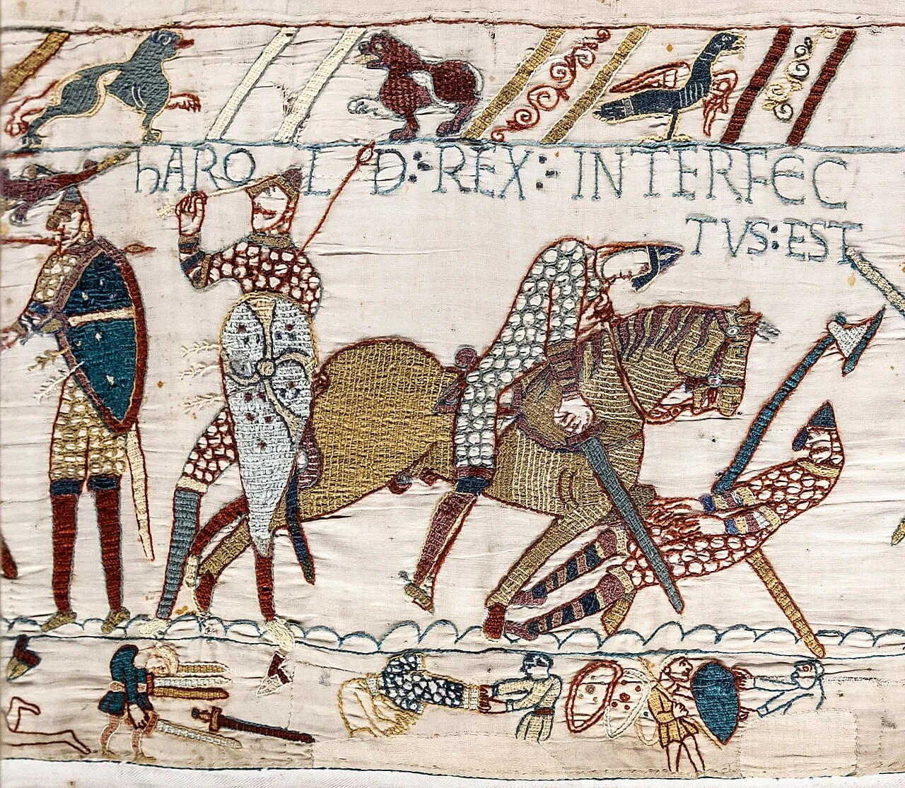 Bayeux Tapestry scene of harolds death complicated by conquest man