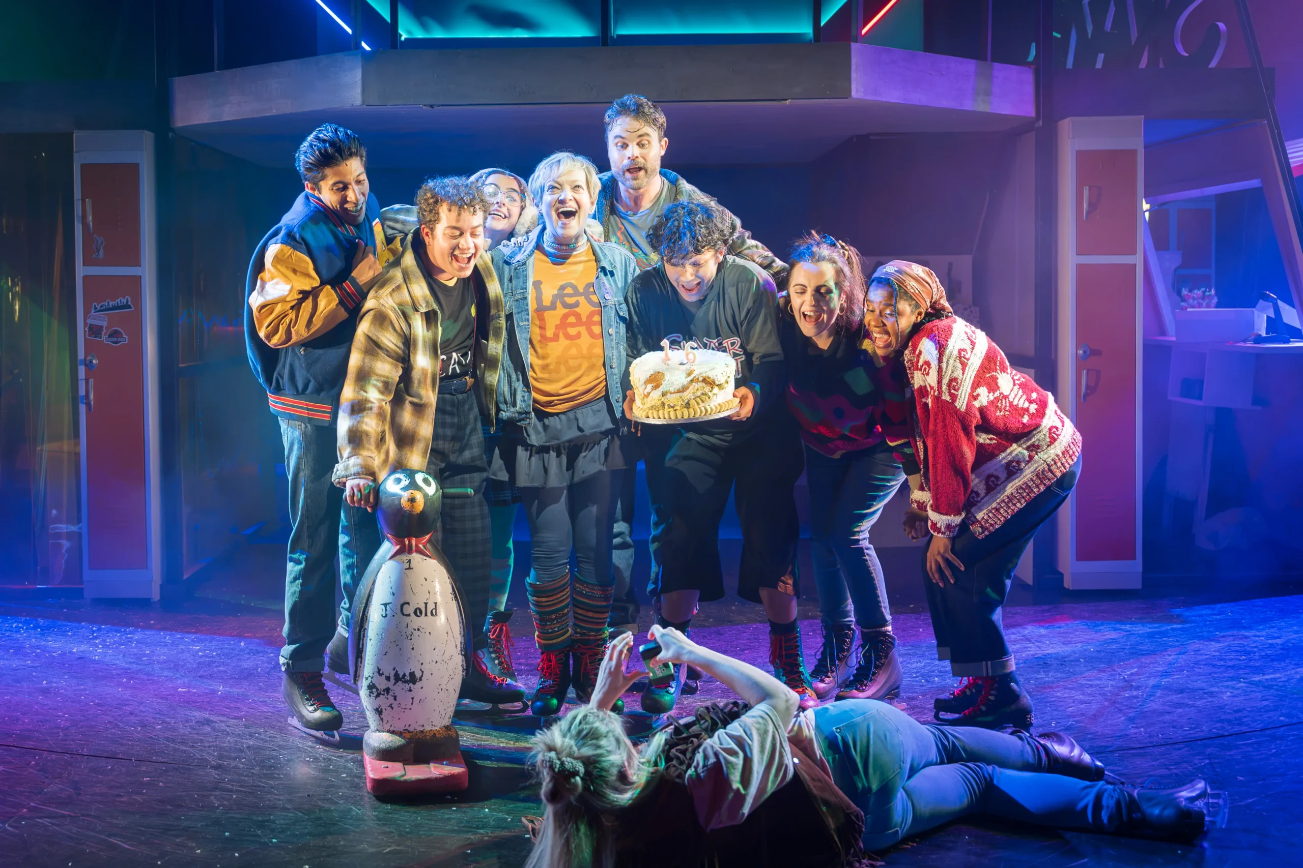 Kimberly Akimbo cast on the multi-level Hampstead Theatre set beneath the Colgate clock