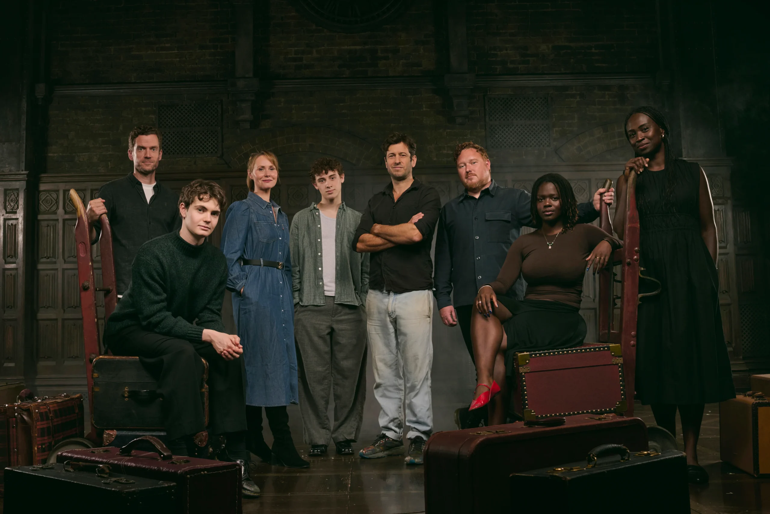 Cast of Harry Potter and the Cursed Child, Palace Theatre, with vintage luggage trunks
