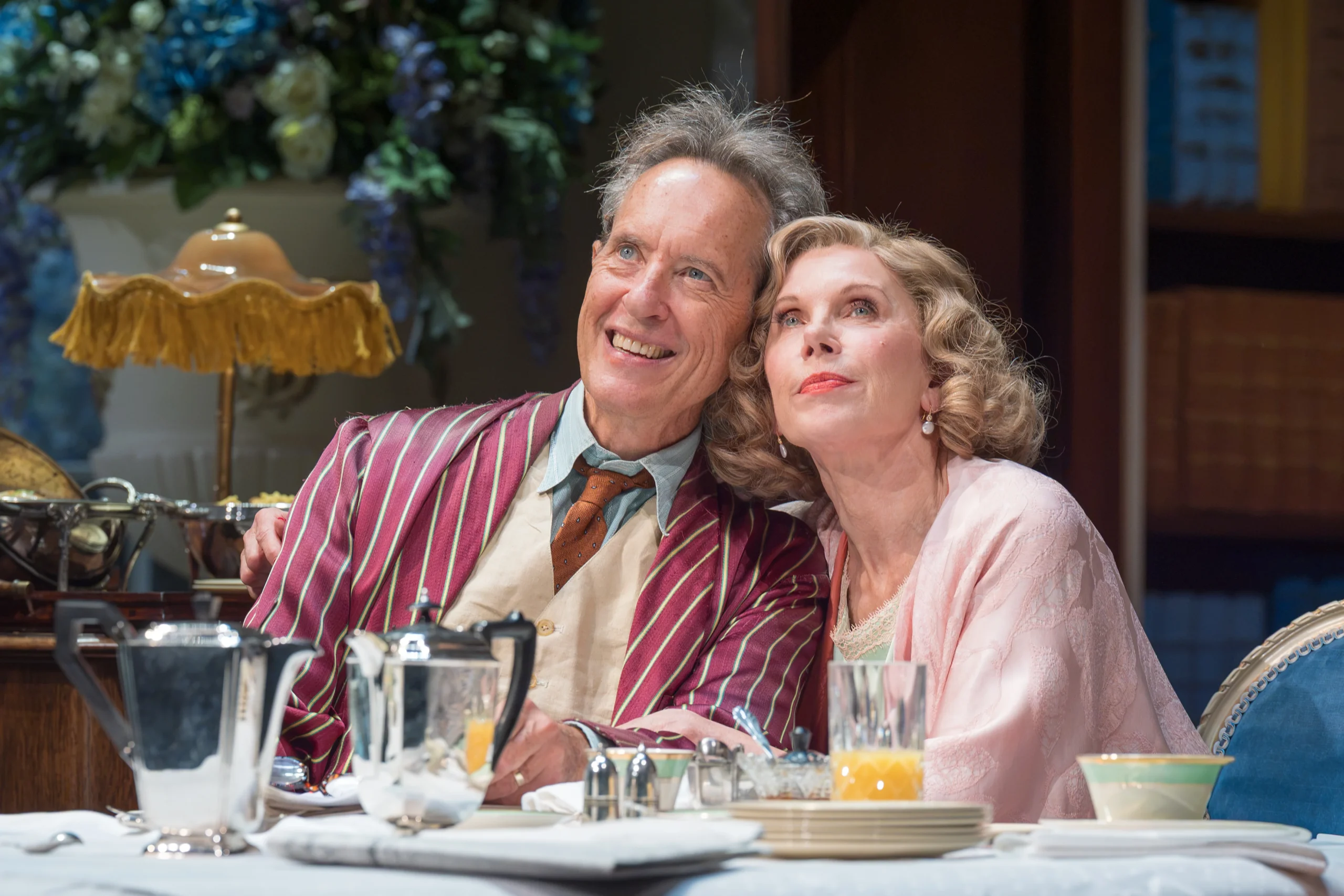 Christine Baranski and Richard E Grant in Hay Fever Wyndham's, sipping tea in character