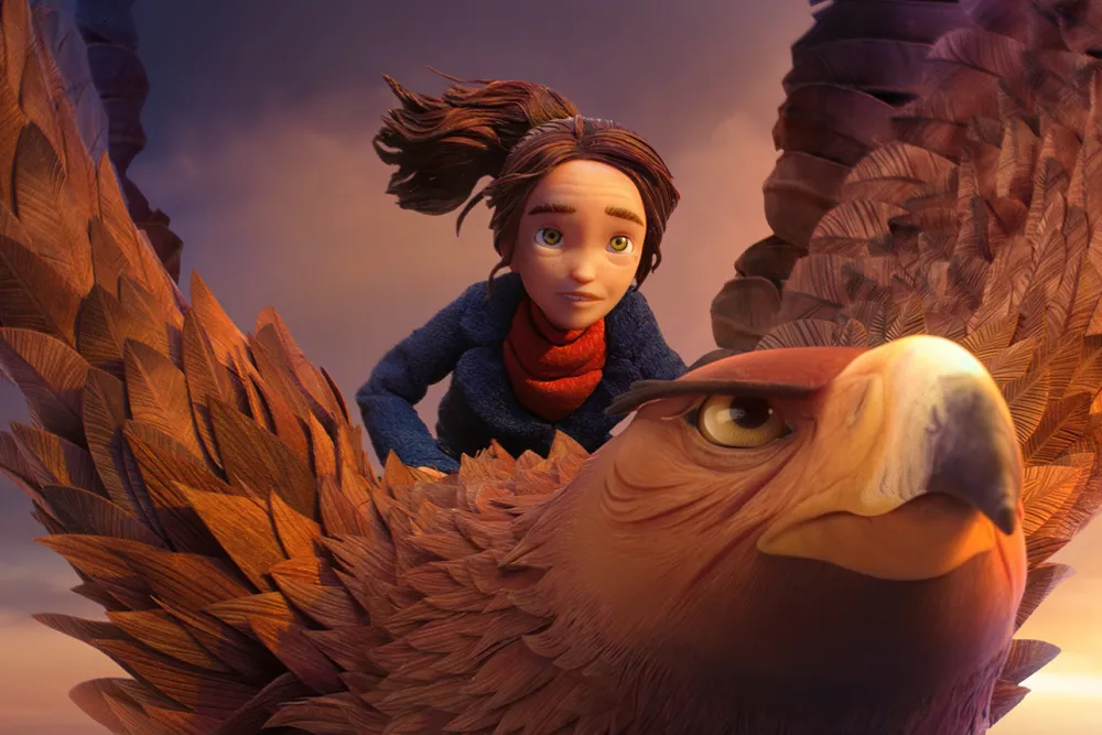 Prue rides a giant eagle in Laika's stop-motion film Wildwood, Travis Knight's epic